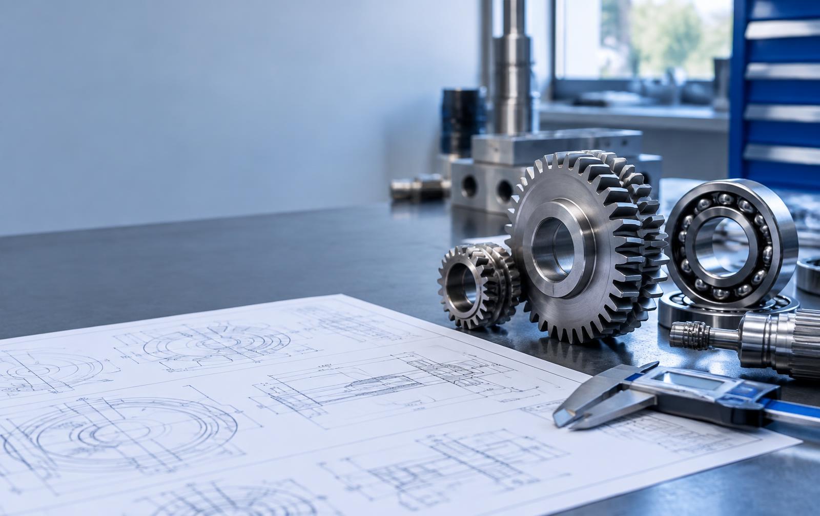 Precision gears, bearings and mechanical drawings on an engineering workbench